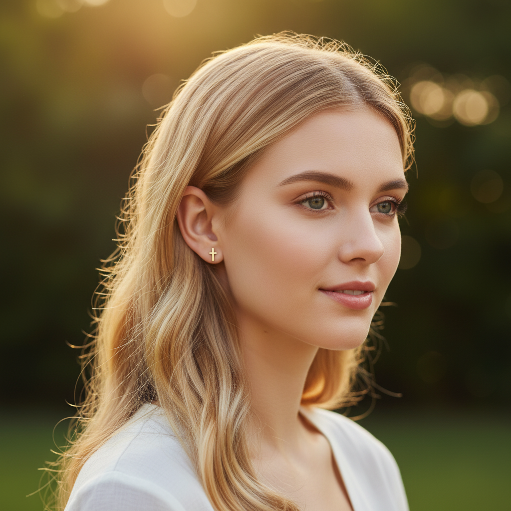 18K Gold Cross Stud Earrings Lifestyle