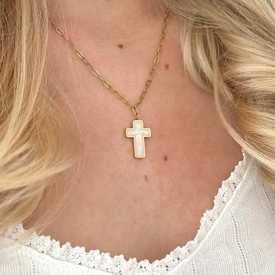 Enamel Cross Necklace - 18k Gold